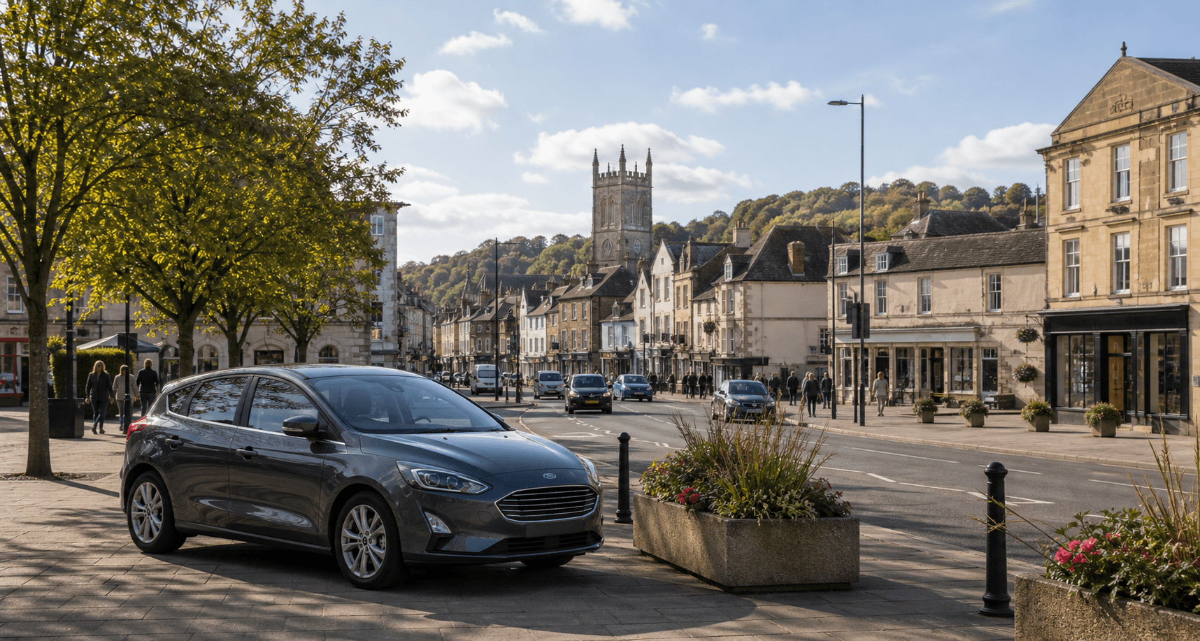 Compact hire car ready for practical travel around Newent